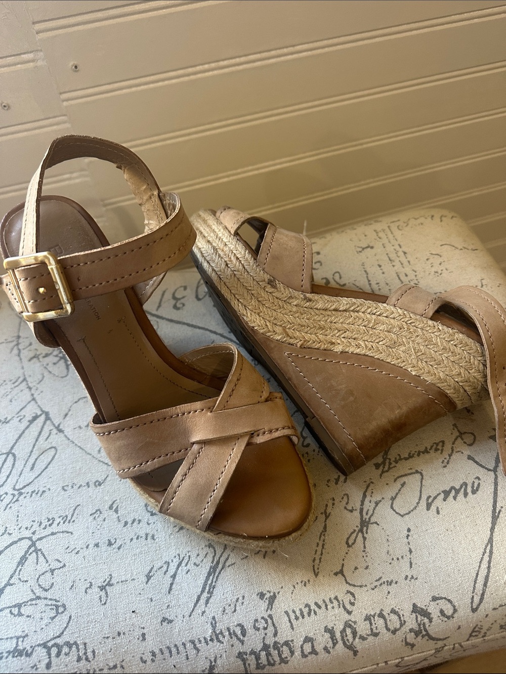 BCBGeneration Nude Leather Wedge Sandals with Buckle 7